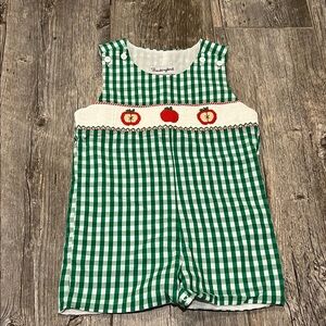 Smockingbird Apple Embroidered Smocked Green Checkered Jon Jon Romper New